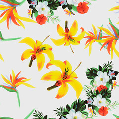 Organic Pattern Foliage. Nature Seamless Texture. Green Tropical Hibiscus. Natural Wallpaper Plant. White Flower Botanical. Garden Plant. Decoration Illustration.