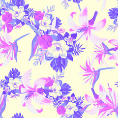 Coral Pattern Plant. Pink Seamless Palm. Yellow Tropical Plant. White Wallpaper Nature. Gray Spring Exotic. Decoration Foliage. Watercolor Illustration.