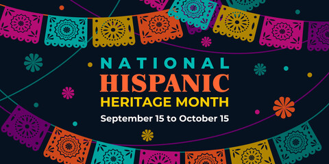 Hispanic heritage month. Vector web banner, poster, card for social media, networks. Greeting with national Hispanic heritage month text, Papel Picado pattern, perforated paper on black background. - Powered by Adobe