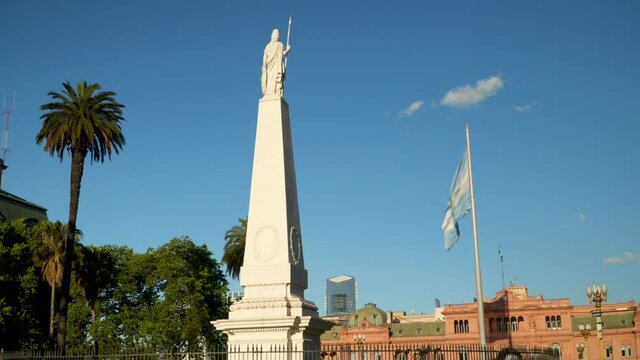 Low angle static view of the Pyramid of Plaza de Mayo, in Buenos Aires, Argentina.