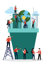 Flat vector illustration people helping to care for a large globe on a pot, including tree planting, windmill use