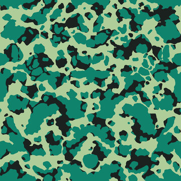 Green fashionable camouflage pattern. Army clothing style background. Forest masking camo. Green black colors, military seamless texture. Vector. 