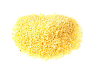 handful of fine ground cornmeal closeup on white