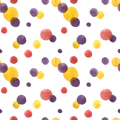 Seamless polka dot pattern on a white background. Watercolour dots in yellow, purple, and terracotta. Repeat print for textile, fabric, scrapbooking and other purposes. 