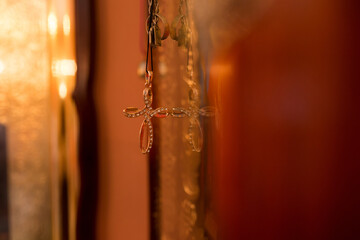 Orthodox pectoral cross on a string in a Christian church