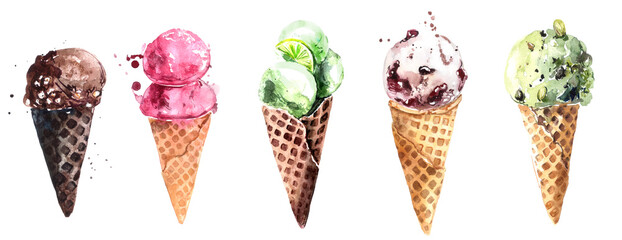 Watercolor ice cream. Food illustration of summer dessert. Ice cream balls in the cones. Isolated on a white background.