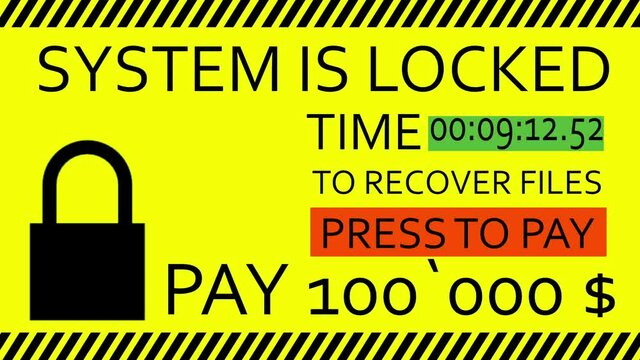 Dangerous threat message, system is locked, pay 100000 $ on yellow sign,close up. With countdown to recover files. Cyber attack in big companies.