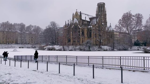 Johanneskirche at Feuersee covered in snow during winter in Stuttgart, Germany.