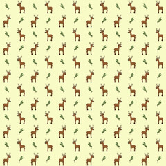 Brown Rein deer with horns and green leaves repeat pattern design