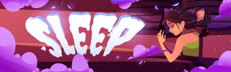 Young woman sleep cartoon banner, girl lying on pillows in bed at night top view, dormant female character nap at home or hotel, relaxing and sleeping with fluffy clouds around, vector illustration