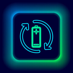 Glowing neon line Battery with recycle symbol line icon isolated on black background. Battery with recycling symbol - renewable energy concept. Colorful outline concept. Vector