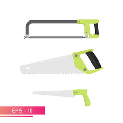A set of hacksaws for the carpenter. Hacksaw for metal and wood. Tools for workers. On a white background. Flat vector illustration.