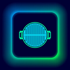 Glowing neon line Barbecue grill icon isolated on black background. Top view of BBQ grill. Steel grid. Colorful outline concept. Vector