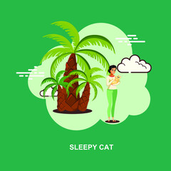 Sleepy cat with young girl holding cat with trees behind on green background flat concept design 