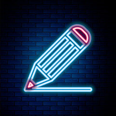 Glowing neon line Pencil and line icon isolated on brick wall background. Education sign. Drawing and educational tools. School office symbol. Colorful outline concept. Vector