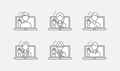 ノートパソコンでビデオ通話をしている医師・看護師・整体師の、線画アイコンセット