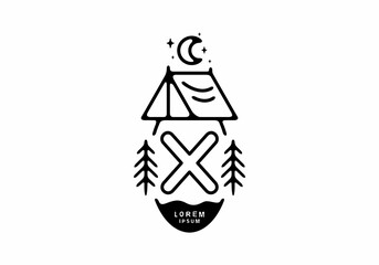 Black line art illustration of camping tent badge with X letter