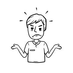 Disgruntled man threw up his hands. Sad character. sorrowful guy. Emotions of malice and unfortunate. Hand-drawn sketch. Unhappy Boy