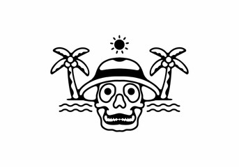 Black line art illustration of skull beach