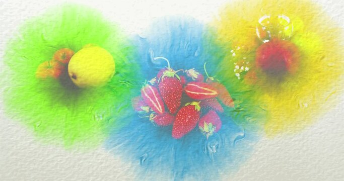 abstract background with berries and fruits in blots of watercolor