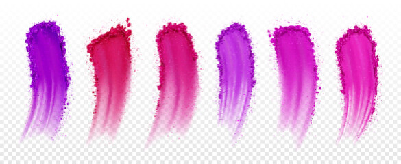 Eyeshadow swatches, smears of dry blush for makeup palette isolated on transparent background. Vector realistic set of pink and purple eye shadows and cosmetic powder strokes
