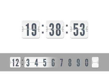 Vintage flip clock time counter vector template. Analog airport board countdown timer with hour and minute flip number. White scoreboard number font with shadows on White background.