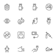 Diabetes treatment line icons set