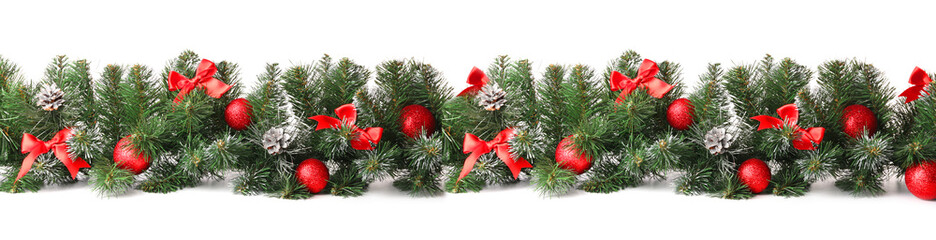 Naklejka na ściany i meble Beautiful Christmas tree branches with decor on white background