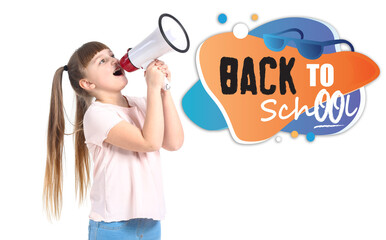 Little girl with megaphone on white background. Back to school