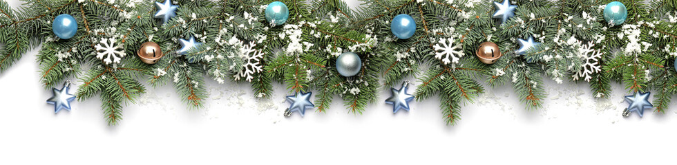 Beautiful Christmas tree branches with decor on white background