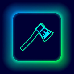 Glowing neon line Wooden axe icon isolated on black background. Lumberjack axe. Colorful outline concept. Vector