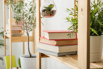 Shelf units with books and houseplants near light wall, closeup
