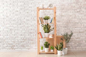 Shelf unit with books and houseplants near light brick wall