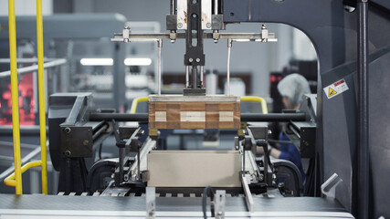 Conveyor line for the production of boxes. Machine carves and bends cardboard boxes from sheets of cardboard. Enterprise for the production package