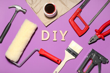 Set of tools and word DIY on color background