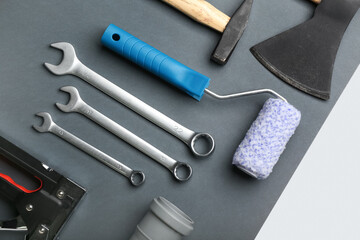 Set of tools on dark background