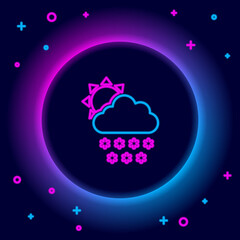 Glowing neon line Cloud with snow and sun icon isolated on black background. Cloud with snowflakes. Single weather icon. Snowing sign. Colorful outline concept. Vector