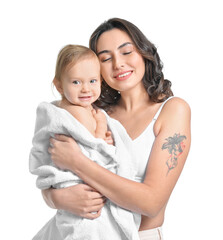 Happy woman and her little daughter on white background
