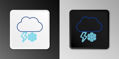 Line Cloud with snow and lightning icon isolated on grey background. Cloud with snowflakes. Single weather icon. Snowing sign. Colorful outline concept. Vector