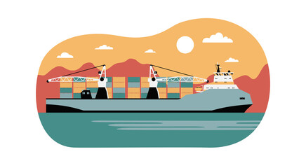 Cargo ship container on background of abstract landscape. Vector flat style illustration.