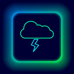 Glowing neon line Storm icon isolated on black background. Cloud and lightning sign. Weather icon of storm. Colorful outline concept. Vector