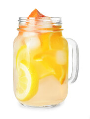 Mason jar of tasty cold lemonade on white background