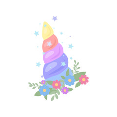 Childrens illustration of a multicolored unicorn horn with wreath of flowers and stars sparks on white background. Rainbow decoration. Vector cartoon flat drawing for card, sticker © veleri_kz