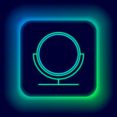 Fototapeta na wymiar Glowing neon line Round makeup mirror icon isolated on black background. Colorful outline concept. Vector