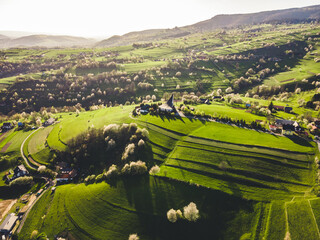 Spring landscape in Slovakia. Polana region, Hrinova. Green spring rural hills landscape, fields, flowering trees, organic farming © Zedspider