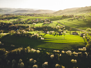 Spring landscape in Slovakia. Polana region, Hrinova. Green spring rural hills landscape, fields, flowering trees, organic farming © Zedspider