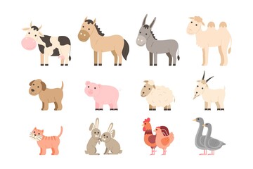 Obraz na płótnie Canvas Farm animals set. Cute cartoon pet and domestic animals collection: cow, horse, donkey, camel, dog, pig, sheep, goat, cat, rabbit, rooster and chicken, goose. Vector illustration in cartoon flat style