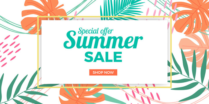 Summer sale offer banner promotion with abstract memphis tropical leaves with white background