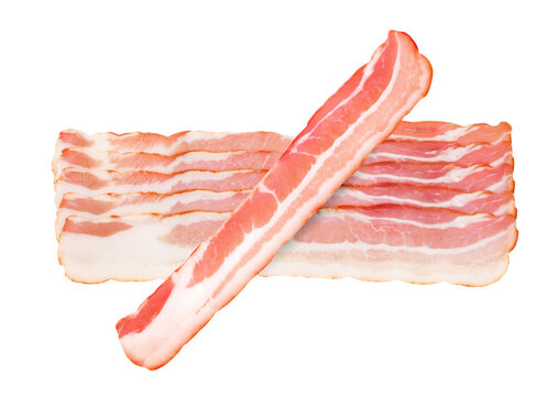 Bacon raw, several strips sliced isolated on white background of packaging design. Full depth of field.