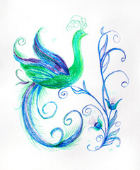 Wonderful Firebird with a fairytale tail. Phoenix. Mythical bird.